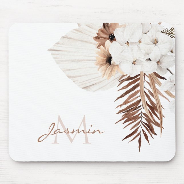 Rustik Boho Pampasgräs Blommig Monogram Musmatta (Framsidan)