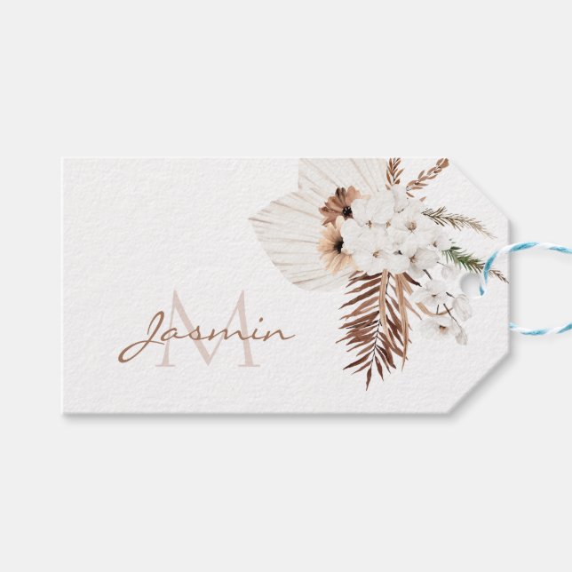 Rustik Boho Pampasgräs Blommig Monogram Presentetikett (Framsidan (Horisontell))