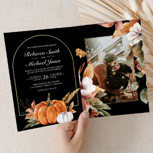 Rustik Boho Pumpkin Foto QR-kod Svart Bröllop Inbjudan