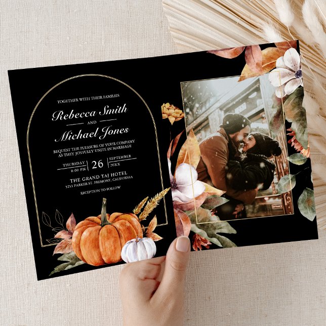 Rustik Boho Pumpkin Foto QR-kod Svart Bröllop Inbjudan (Skapare uppladdad)