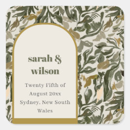 Rustik Boho Retro Båge Grön Botanisk Bröllop Fyrkantigt Klistermärke