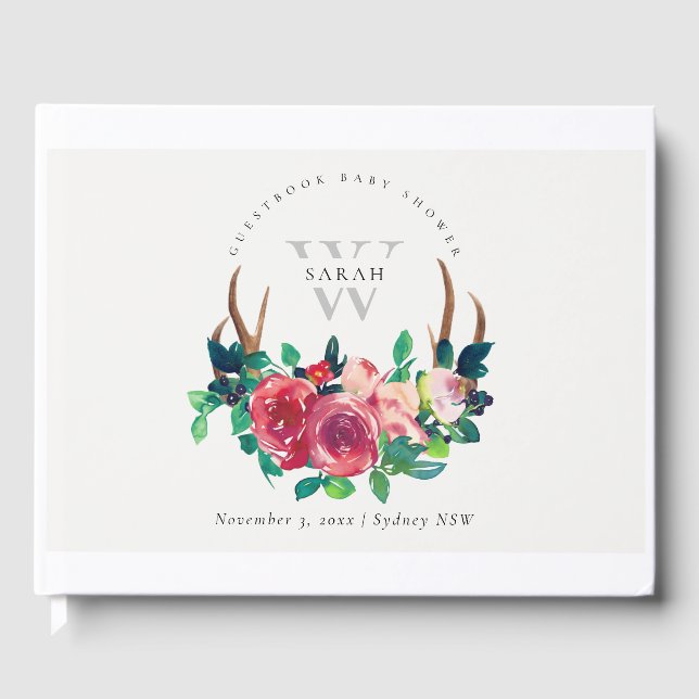 Rustik Boho Röd Blommig Hjort Horn Babyshower Gästböcker (Framsida)