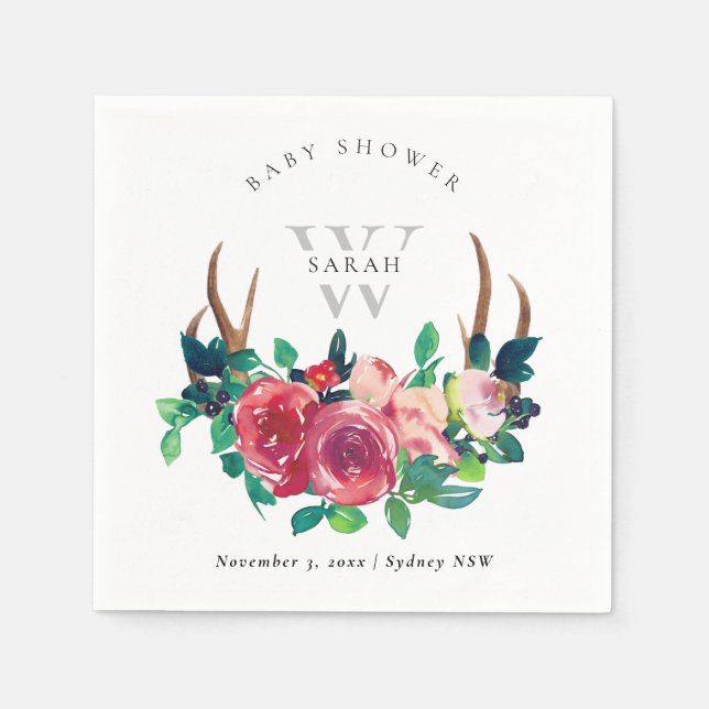Rustik Boho Röd Blommig Hjort Horn Bebis Shower Pappersservett (Framsidan)