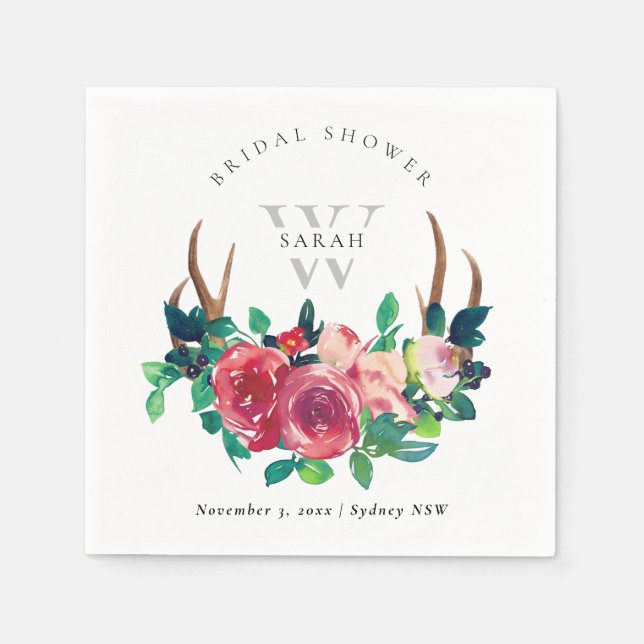 Rustik Boho Röd Blommig Hjort Horn Bröllopsfest Pappersservett (Framsidan)