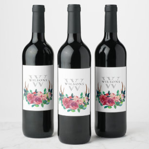 Rustik Boho Röd Blommig Hjort Horn Monogram Vinflaska Etikett