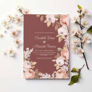 Rustik boho rosa burgunder grön blomsterbröllop inbjudningar