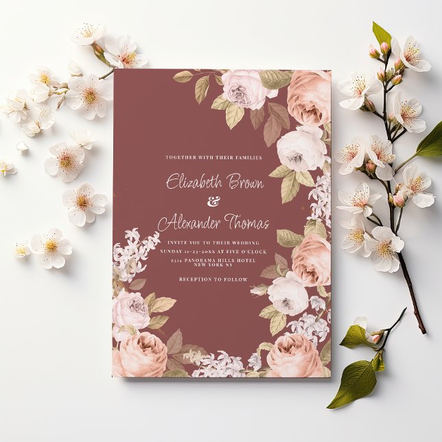Rustik boho rosa burgunder grön blomsterbröllop  inbjudningar (Rustic boho pink burgundy green floral wedding )