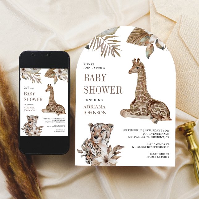 Rustik Boho Safari Leopard- och Giraff-babyfirande Inbjudningar (Skapare uppladdad)