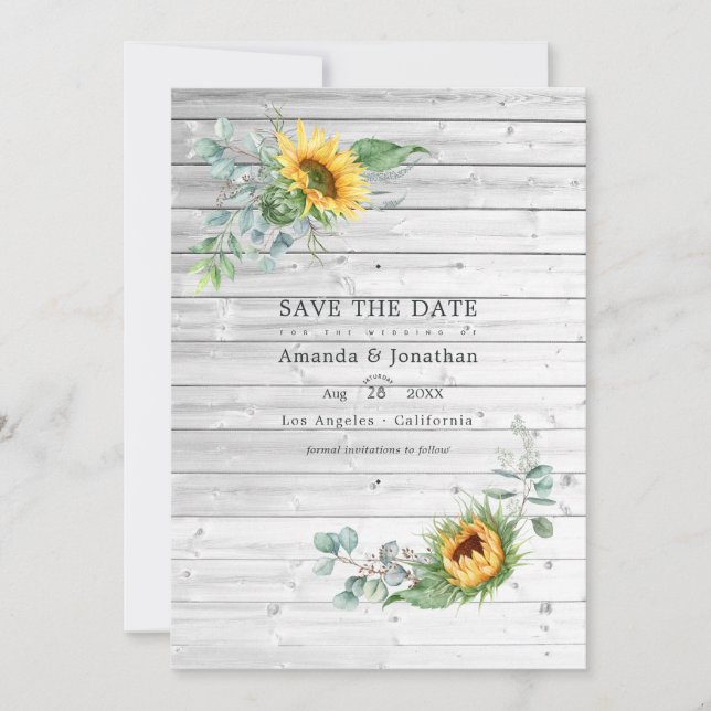 Rustik Boho Solros Eucalyptus Bröllopsfoto Spara Datumet (Framsida)
