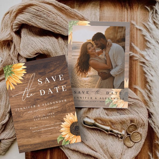 Rustik Boho Solros Spara datum Bröllopsinbjudan Inbjudningar (Rustic Boho Sunflower Save the Date Wedding Invite)