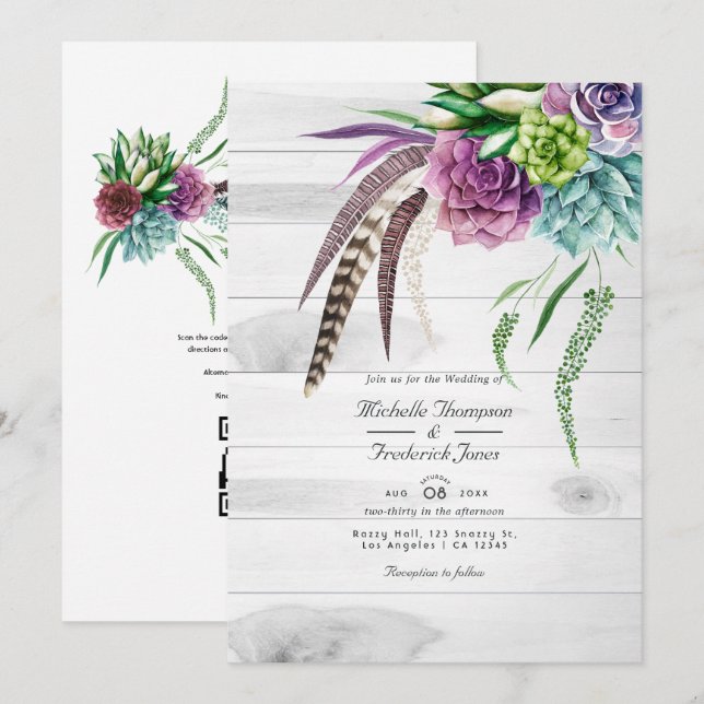 Rustik Boho-succulenter QR-kod RSVP Bröllop Inbjudningar (Fram/baksida)