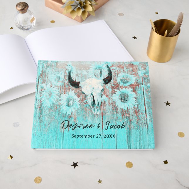 Rustik Boho Teal Västerländska Solrosar Tjur Skall Gästböcker (Framsida Öppen)