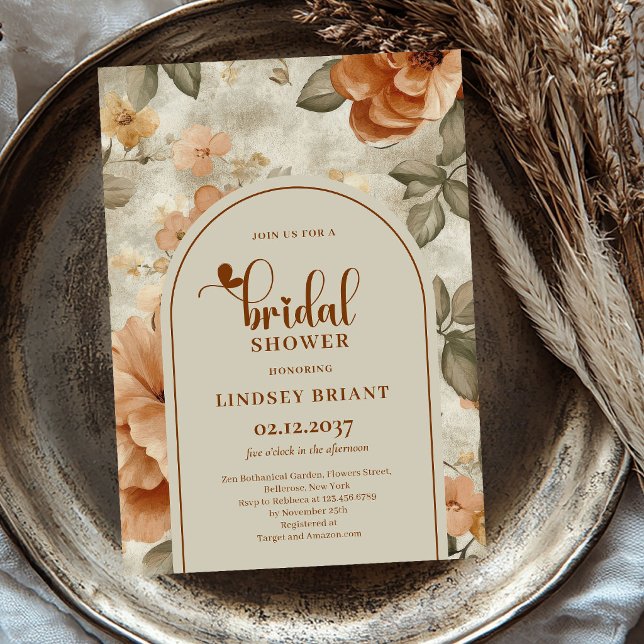 Rustik Boho Terrakotta Blommig Bröllopsdusch  Inbjudningar (Rustic Boho Terracotta Flowers Bridal Shower Invitation)