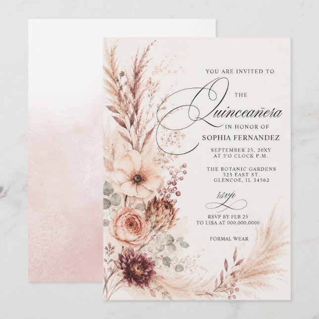 Rustik Boho Terrakotta Pampas Quinceanera  Inbjudningar (Fram/baksida)