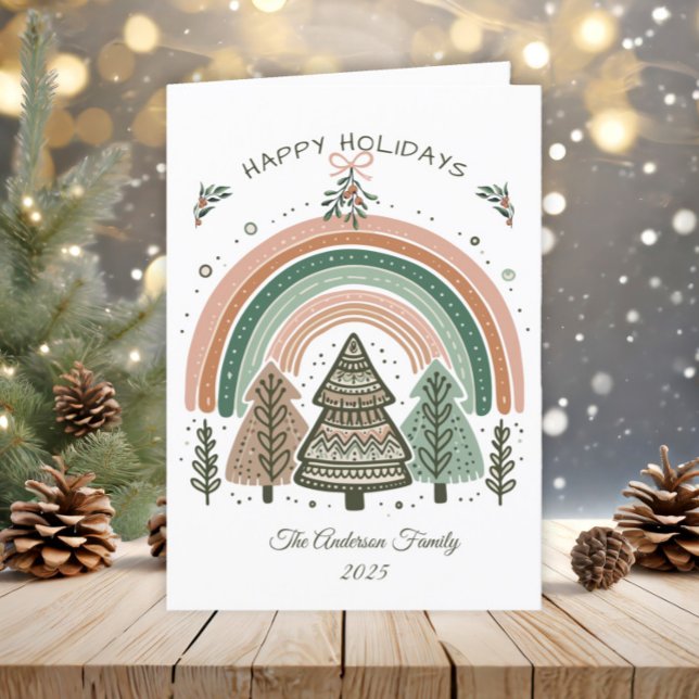 Rustik Boho Terrakotta Regnbågs Träd Jul Helgkort (Scandinavian rainbow and pine trees Christmas greeting card)