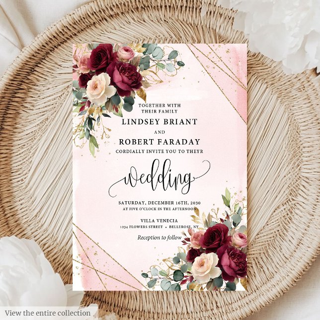 Rustik Boho vinröd guld rosa ros bröllopsinbjudan Inbjudningar (Rustic Boho Maroon Gold Blush Roses Wedding Invitation)