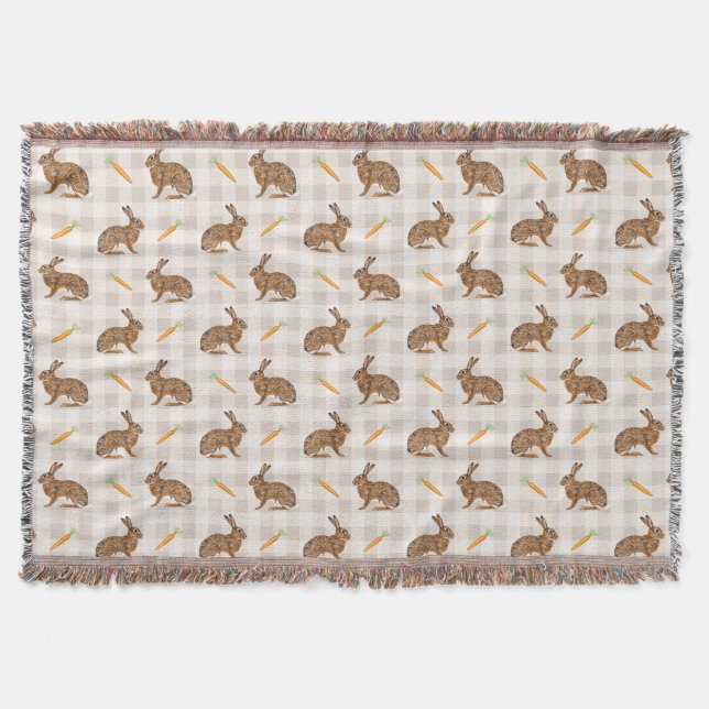 Rustik Bondgård Brun Hare Och Morötter Beige Filt (Framsidan)