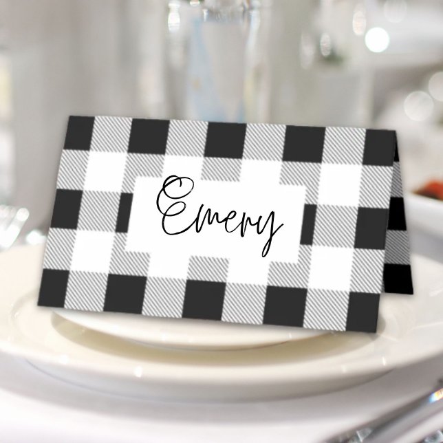 rustik bondgård svart vit buffelrutig fest placeringskort (rustic farmhouse black white buffalo plaid party place card)