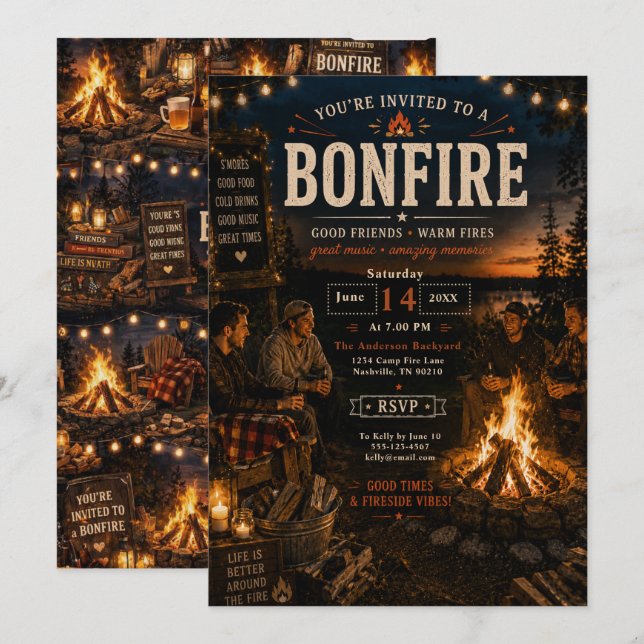 Rustik Bonfireträff Inbjudningar (Fram/baksida)