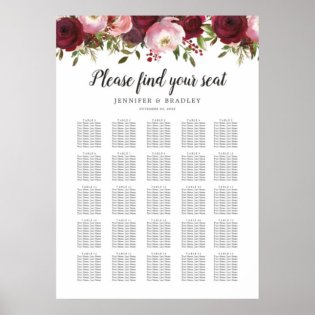 Rustik Bordplan för Bröllop med Burgundy Blommor 2 Poster (Framsidan)