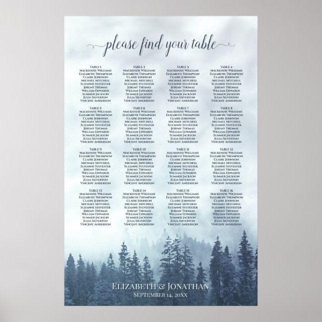 Rustik Bordskarta för 16 Bord Blå Skog Bröllop Poster (Framsidan)