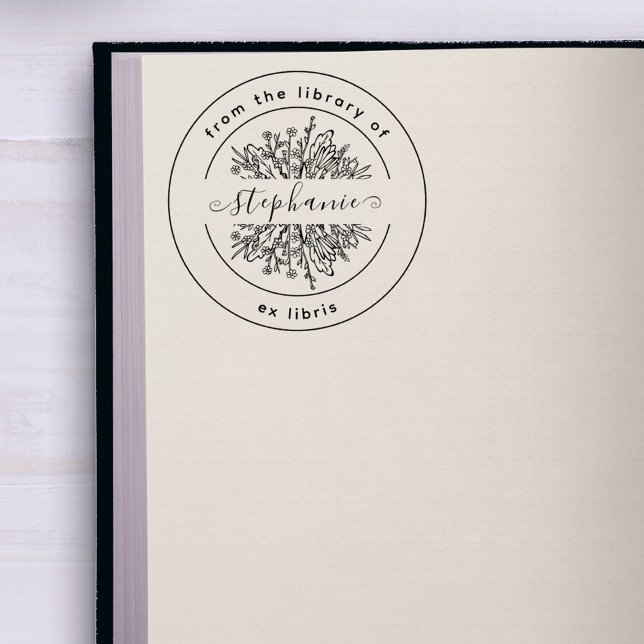 Rustik Botanik | Från Biblioteket | Anpassad Bok Självfärgande Stämpel (Whimsical Handwritten Name Rustic Wildflowers Round Ex Libris From The Library Of Book Stamp)