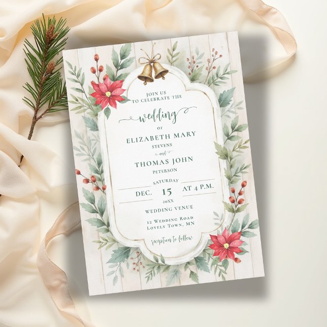 Rustik Botanisk Blommig Ladalund Trä Vinter Bröllo Inbjudningar (winter wedding invitation rustic greenery poinsettia light barn wood bells green red template)