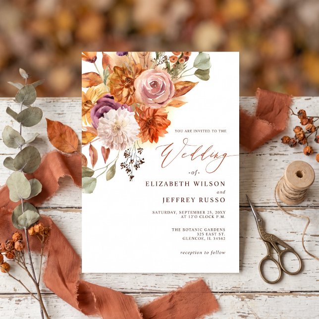 Rustik Botanisk Blommig Terrakotta Höstbröllop Inbjudningar (Rustic Botanical Floral Terracotta Fall Wedding Invitation)
