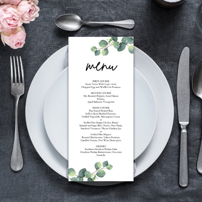 Rustik Botanisk Eukalyptus Grönska Bröllop Meny (Rustic eucalyptus greenery menu adds natural elegance and guides guests through your wedding meal.)