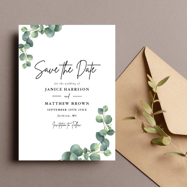 Rustik Botanisk Eukalyptus Grönska Bröllop Spara Datumet (Rustic eucalyptus greenery save the date adds natural charm and beautifully announces your wedding.)