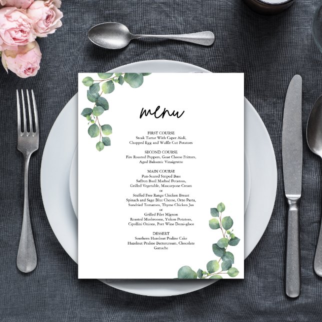 Rustik Botanisk Eukalyptus Grönska Bröllopsmeny (Rustic eucalyptus greenery menu adds natural elegance and guides guests through your wedding meal.)