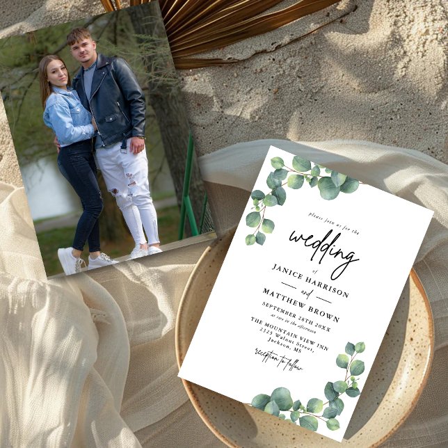Rustik Botanisk Eukalyptus Grönska Foto Bröllop Inbjudningar (Eucalyptus greenery photo invitation adds natural charm and showcases your love story beautifully)