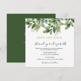 Rustik Botanisk Grön & Guld Lövbröllop Spara Datumet
