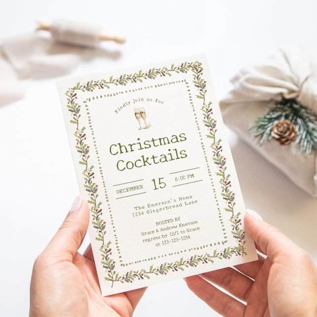 Rustik botanisk grön julfestinbjudan inbjudningar (Rustic Botanical Green Holiday Christmas Party Cocktails Invitation by Painted Paperie
)