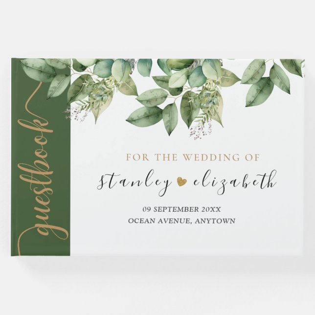 Rustik Botanisk Grönt och Guld Foliage Bröllop Gästböcker (Framsida)