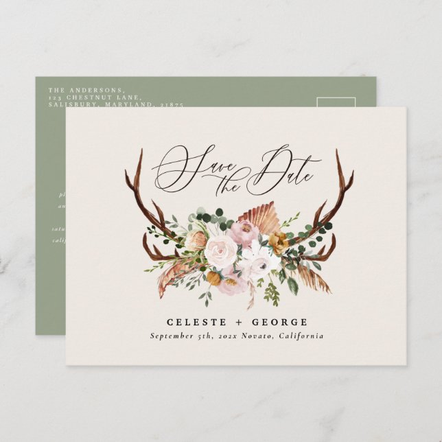 Rustik botanisk hjortbröllop elegant sagggrön meddelande vykort (Fram/baksida)