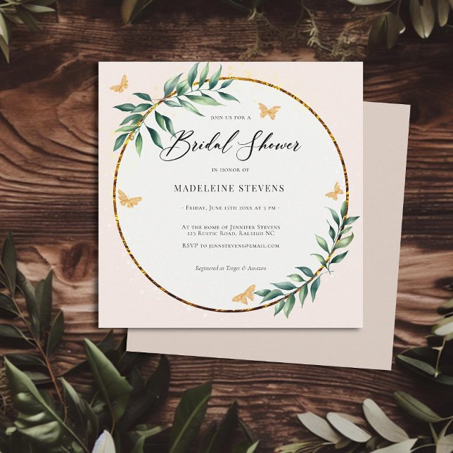 Rustik botanisk lövverk Guld Fjärilar Bröllop Inbjudningar (rustic simple botanical foliage butterflies bridal shower invitation elegant country barn simple)