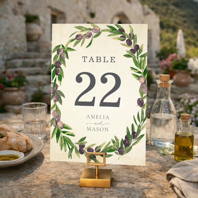 Rustik Botanisk Olivkrans Bordnummerkort Bordsnummer (Rustic Botanical Olive Branch Wreath Table Number Card)