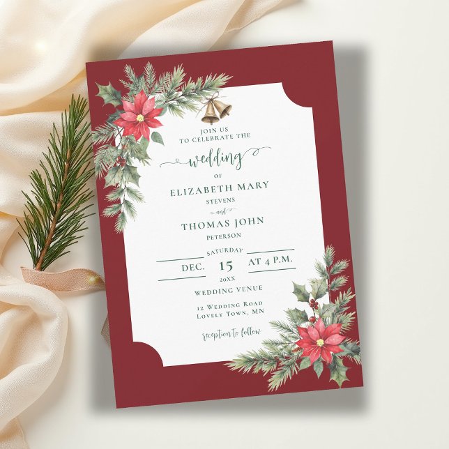 Rustik botanisk vinröd grön vinterbröllop inbjudningar (winter wedding invitation christmas greenery floral poinsettia watercolor burgundy rustic elegant)