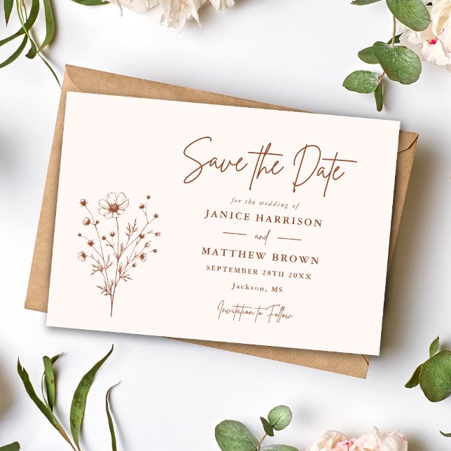 Rustik Bränd Orange Boho Elegant Foto Bröllop Spara Datumet (Rustic burnt orange boho photo save the date shares your moment with warm personalized charm)