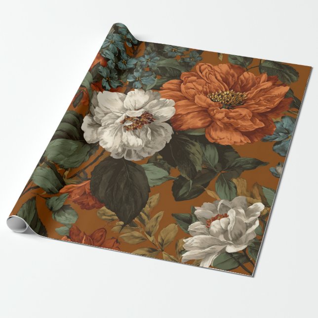Rustik Bränd Orange Grön Botanisk Blommig Djärv Presentpapper (Utrullad)