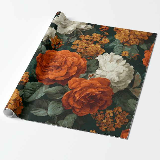Rustik Bränd Orange Grön Botanisk Blommig Djärv Presentpapper (Utrullad)