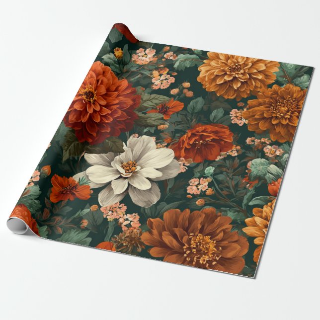 Rustik Bränd Orange Grön Botanisk Blommig Djärv Presentpapper (Utrullad)