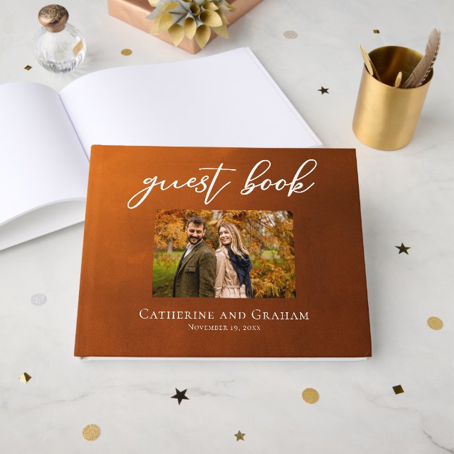 Rustik bränd Orange par foto hösten Bröllop Gästböcker (Framsida Öppen)