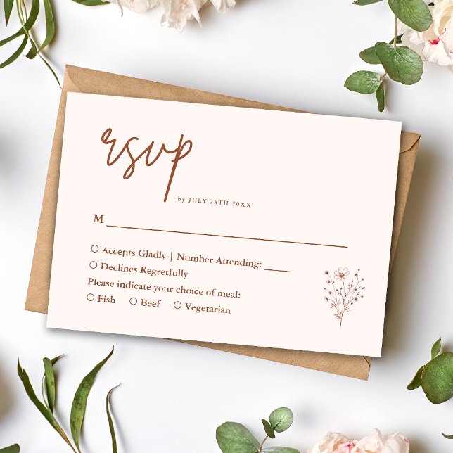 Rustik Brännorange Elegant Boho Blommig Bröllop OSA Kort (Rustic burnt orange elegant boho floral RSVP card gathers replies with warm personalized charm)