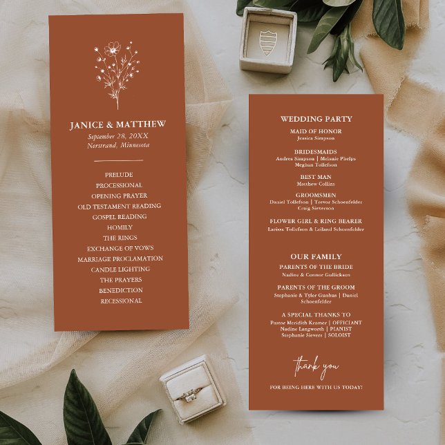 Rustik Brännorange Enkel Boho Bröllopsprogram (Rustic burnt orange boho wedding program keeps guests informed with a warm personalized touch)