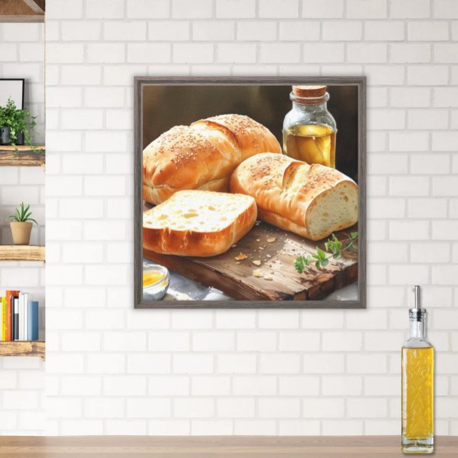 Rustik Bread & Olive Oil Art | Köksvägg Canvastryck (Printed Kitchen Canvas Art Fresh Baked Bread with Olive Oil on a Rustic Cutting Board)