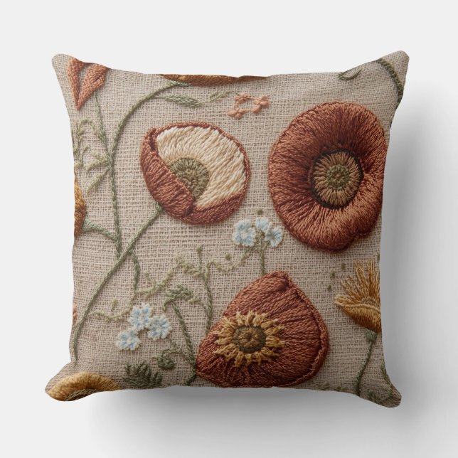 Rustik Broderad Blommig Kudd – Blommande Design Kudde (Framsida)