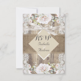 Rustik Bröllop Beige Vita Rosor Trä RSVP OSA Kort