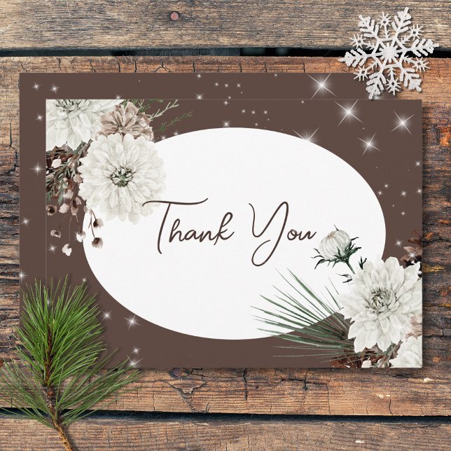 Rustik Bröllop med Kakaokolonns Vinterglans Tack Kort (Rustic Cocoa Pine Winter Sparkle Wedding Thank You Card)